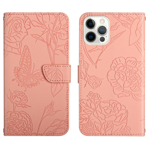 iPhone 14 Pro Max Skin Feel Butterfly Peony Embossed Leather Phone Case  - Pink