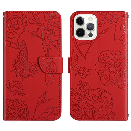 iPhone 14 Pro Max Skin Feel Butterfly Peony Embossed Leather Phone Case  - Red