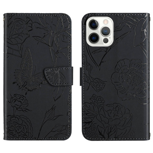 iPhone 14 Pro Max Skin Feel Butterfly Peony Embossed Leather Phone Case  - Black