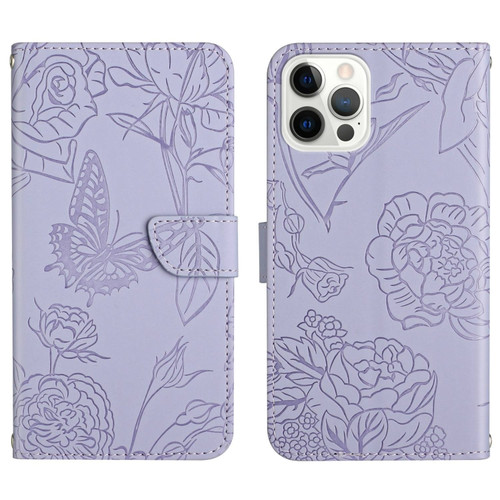 iPhone 14 Pro Max Skin Feel Butterfly Peony Embossed Leather Phone Case  - Purple