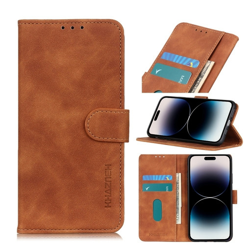 iPhone 14 Pro Max KHAZNEH Retro Texture Leather Phone Case  - Brown