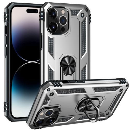 iPhone 14 Pro Max Shockproof TPU + PC Ring Holder Phone Case  - Silver