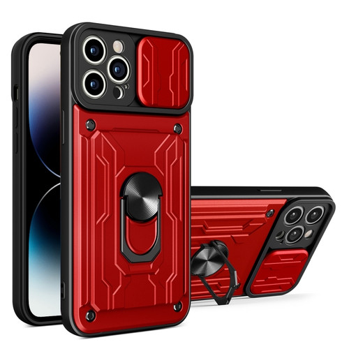 iPhone 14 Pro Max Sliding Camshield TPU+PC Phone Case with Card Slot  - Red