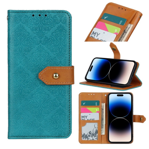 iPhone 14 Pro Max European Floral Embossed Copper Buckle Horizontal Flip PU Leather Phone Case  - Blue