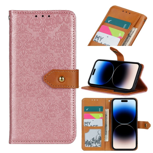 iPhone 14 Pro Max European Floral Embossed Copper Buckle Horizontal Flip PU Leather Phone Case  - Pink