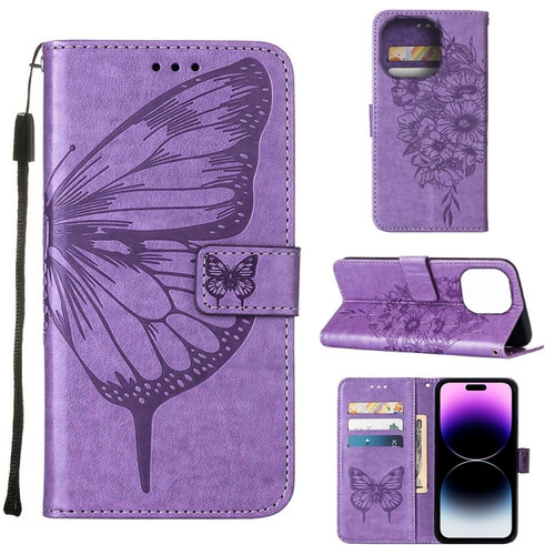 iPhone 14 Pro Max Embossed Butterfly Leather Phone Case  - Light Purple