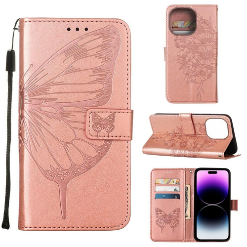 iPhone 14 Pro Max Embossed Butterfly Leather Phone Case  - Rose Gold