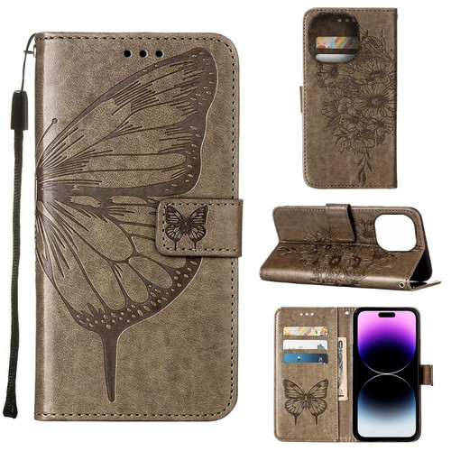 iPhone 14 Pro Max Embossed Butterfly Leather Phone Case  - Grey