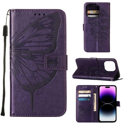 iPhone 14 Pro Max Embossed Butterfly Leather Phone Case  - Dark Purple