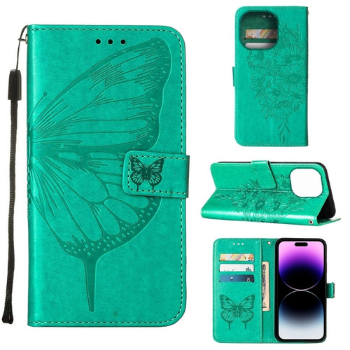 iPhone 14 Pro Max Embossed Butterfly Leather Phone Case  - Green