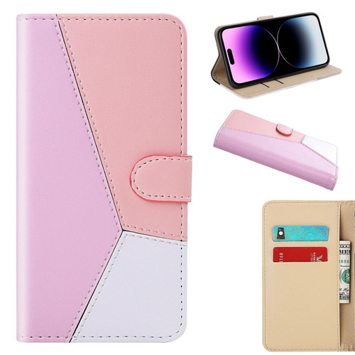 iPhone 14 Pro Max Tricolor Stitching Flip Leather Phone Case  - Pink