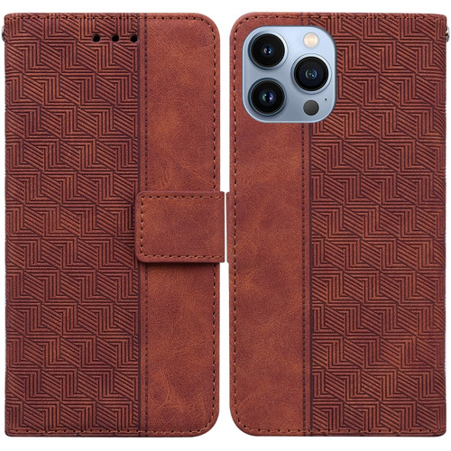 iPhone 14 Pro Max Geometric Embossed Leather Phone Case  - Brown