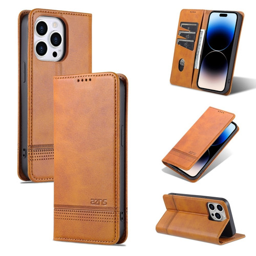 iPhone 14 Pro Max AZNS Magnetic Calf Texture Flip Leather Phone Case  - Light Brown