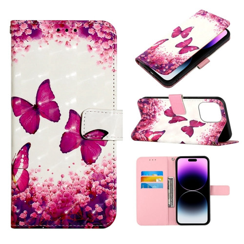 iPhone 14 Pro Max 3D Painting Horizontal Flip Leather Phone Case  - Rose Butterfly