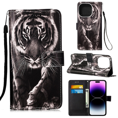 iPhone 14 Pro Max Painted Flat Texture Leather Case with Lanyard & Card Slot & Wallet & Holder  - Black White Tiger