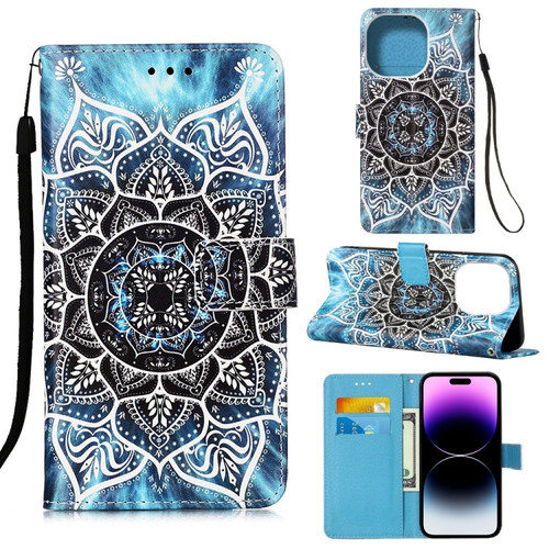 iPhone 14 Pro Max Painted Flat Texture Leather Case with Lanyard & Card Slot & Wallet & Holder  - Undersea Mandala