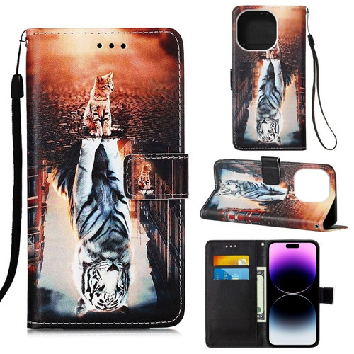 iPhone 14 Pro Max Painted Flat Texture Leather Case with Lanyard & Card Slot & Wallet & Holder  - Cat And Tiger