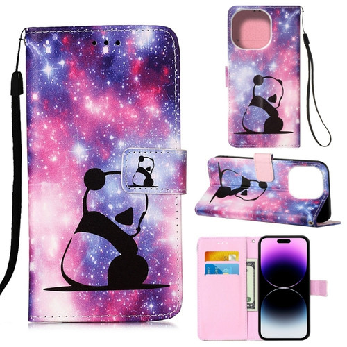 iPhone 14 Pro Max Painted Flat Texture Leather Case with Lanyard & Card Slot & Wallet & Holder  - Baby Panda