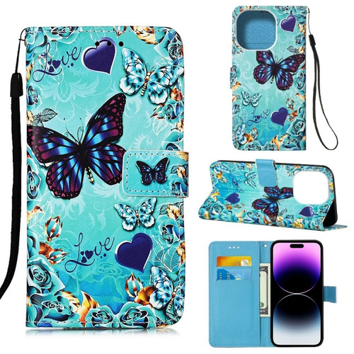 iPhone 14 Pro Max Painted Flat Texture Leather Case with Lanyard & Card Slot & Wallet & Holder  - Love Butterfly