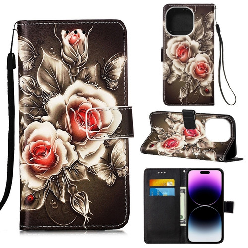 iPhone 14 Pro Max Painted Flat Texture Leather Case with Lanyard & Card Slot & Wallet & Holder  - Roses On Black