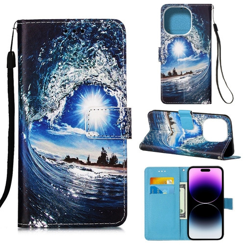 iPhone 14 Pro Max Painted Flat Texture Leather Case with Lanyard & Card Slot & Wallet & Holder  - Waves Sun