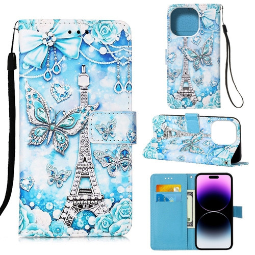 iPhone 14 Pro Max Painted Flat Texture Leather Case with Lanyard & Card Slot & Wallet & Holder  - Tower Butterfly