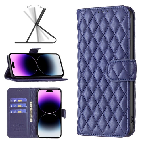 iPhone 14 Pro Max Diamond Lattice Wallet Leather Flip Phone Case  - Blue
