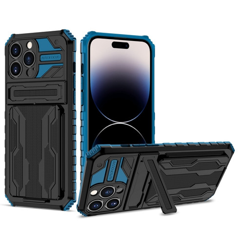 iPhone 14 Pro Max Kickstand Armor Card Wallet Phone Case  - Blue