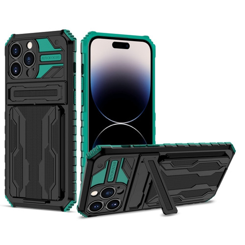 iPhone 14 Pro Max Kickstand Armor Card Wallet Phone Case  - Dark Green