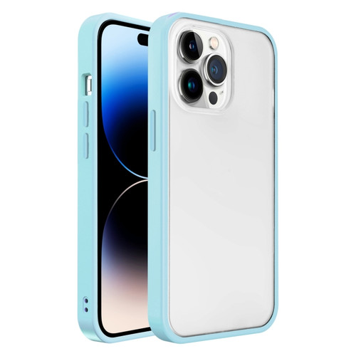 iPhone 14 Pro Max Frosted Skin Feel PC Contrast Color Button Phone Case  - Light Blue