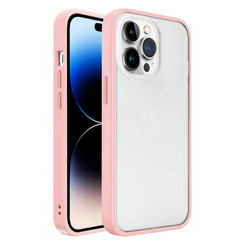 iPhone 14 Pro Max Frosted Skin Feel PC Contrast Color Button Phone Case  - Pink