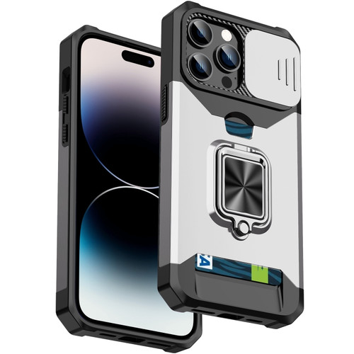 iPhone 14 Pro Max Sliding Camshield Card Slot Ring Kickstand Phone Case  - Silver