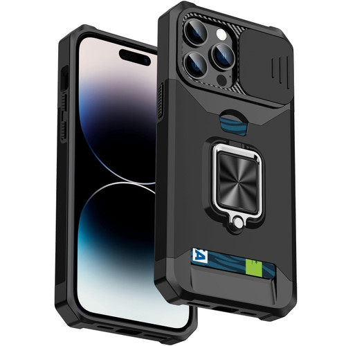 iPhone 14 Pro Max Sliding Camshield Card Slot Ring Kickstand Phone Case  - Black