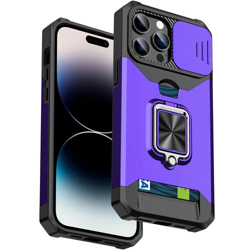 iPhone 14 Pro Max Sliding Camshield Card Slot Ring Kickstand Phone Case  - Purple