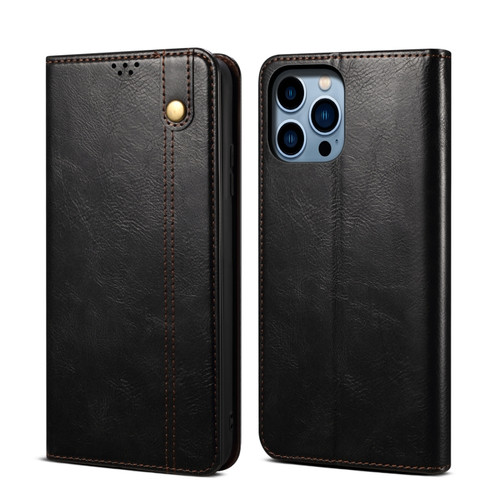 iPhone 14 Pro Max Simple Wax Crazy Horse Texture Horizontal Flip Leather Case  - Black
