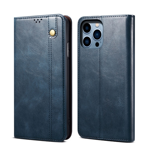 iPhone 14 Pro Max Simple Wax Crazy Horse Texture Horizontal Flip Leather Case  - Navy Blue