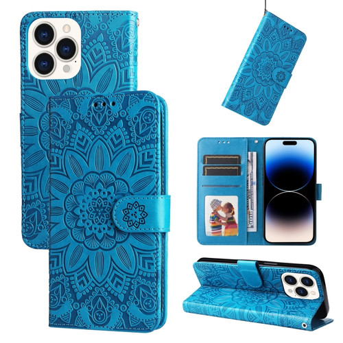 iPhone 14 Pro Max Embossed Sunflower Leather Phone Case  - Blue