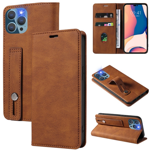 iPhone 14 Pro Max Wristband Magnetic Leather Phone Case  - Brown