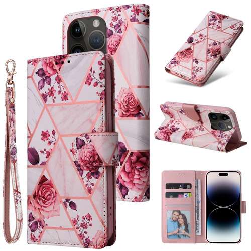 iPhone 14 Pro Max Marble Bronzing Stitching Horizontal Flip PU Leather Case  - Rose Gold