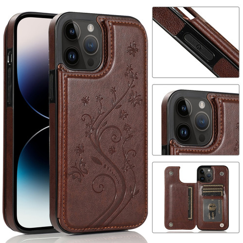 iPhone 14 Pro Max Butterflies Flowers Double Buckle Case  - Brown