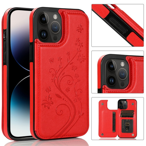 iPhone 14 Pro Max Butterflies Flowers Double Buckle Case  - Red