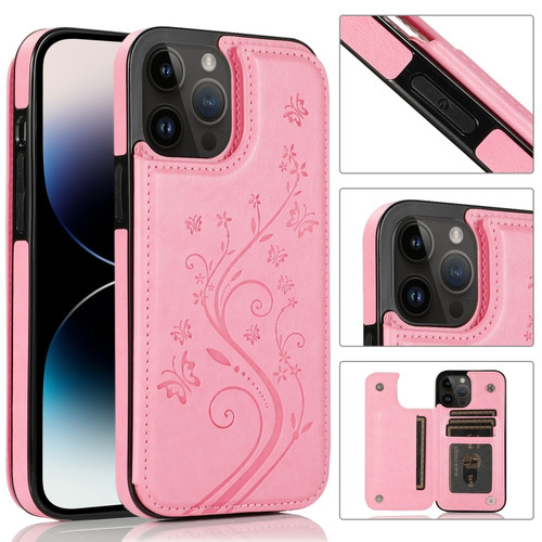 iPhone 14 Pro Max Butterflies Flowers Double Buckle Case  - Pink