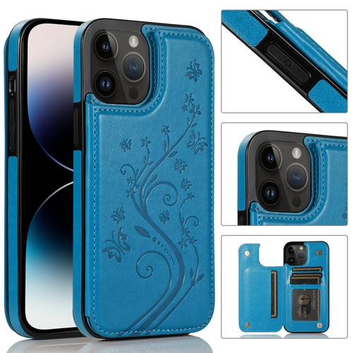 iPhone 14 Pro Max Butterflies Flowers Double Buckle Case  - Blue