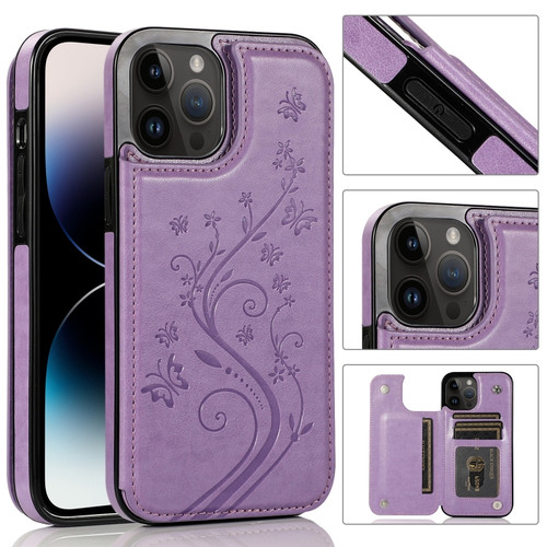 iPhone 14 Pro Max Butterflies Flowers Double Buckle Case  - Purple