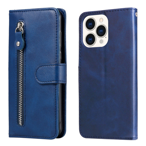 iPhone 14 Pro Max Fashion Calf Texture Zipper Horizontal Flip Leather Phone Case  - Blue