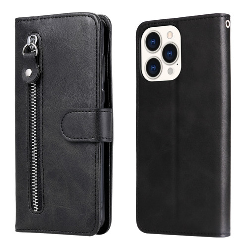 iPhone 14 Pro Max Fashion Calf Texture Zipper Horizontal Flip Leather Phone Case  - Black