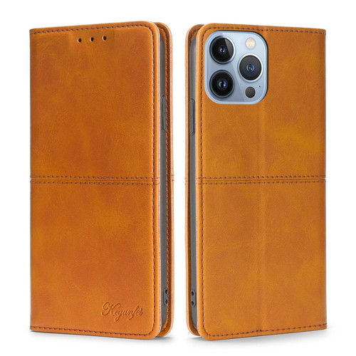 iPhone 14 Pro Max Cow Texture Magnetic Leather Phone Case  - Light Brown