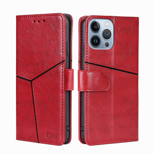 iPhone 14 Pro Max Geometric Stitching Leather Phone Case  - Red