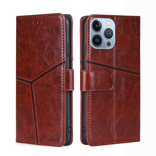 iPhone 14 Pro Max Geometric Stitching Leather Phone Case  - Dark Brown