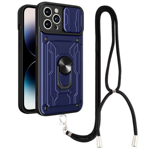 iPhone 14 Pro Max Lanyard Slide Camshield Card Phone Case  - Royal Blue